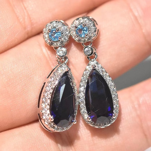 Royal Blue Cubic Zirconia Water Drop Shaped Drop Earrings - Picture 4 of 6